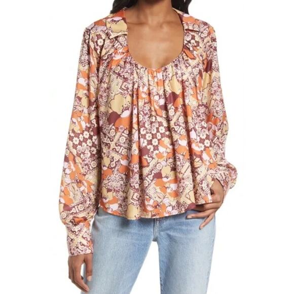 Free People Top Womens XS Satin Warm Tone Floral Print U-Neck Collared Blouse - Picture 1 of 13